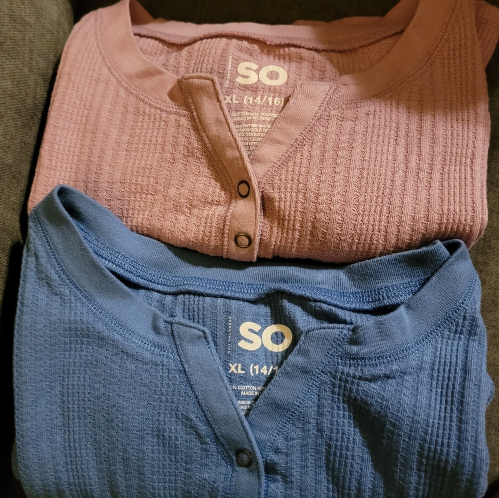 SO Waffle Knit Henley Tops - Purple and Blue